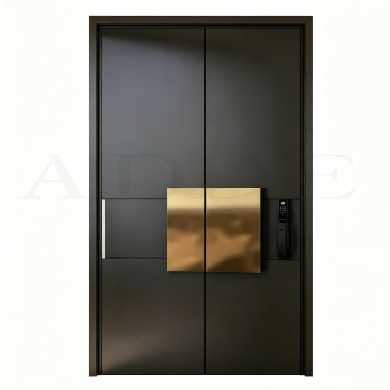 Luxury Black Gold Geometric Aluminum Pivot Door Modern Exterior Entry Door Smart Digital Lock Anti-Theft Thermal Sound Hotel