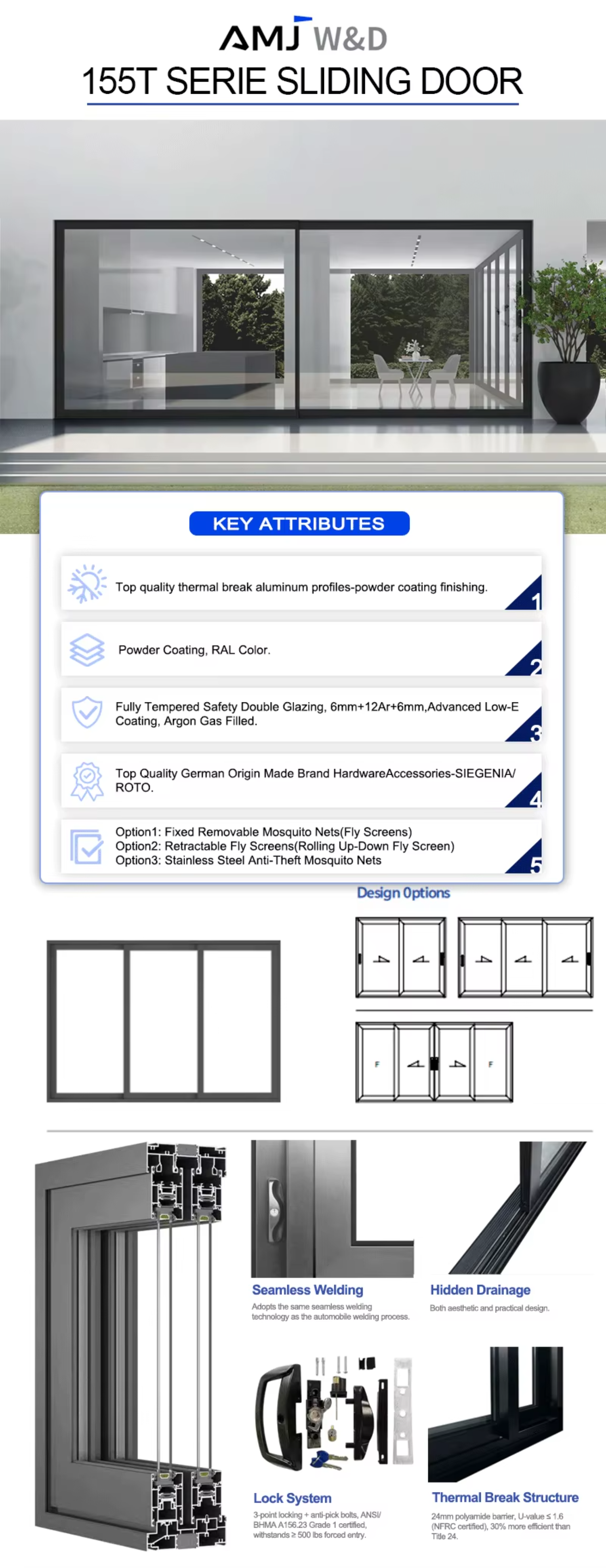 Custom Lift Sliding Door Patio Laminated Glass Hurricane Impact Aluminium Sliding Doors for Houses