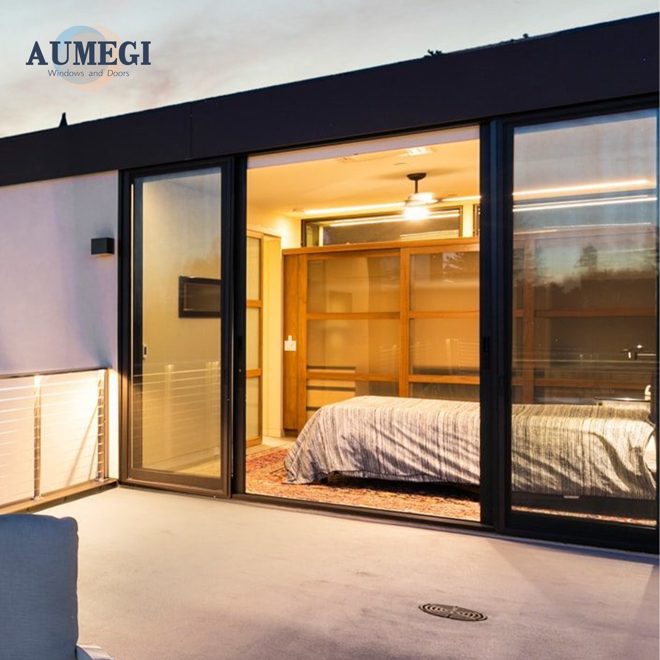 AUMEGI Patio Doors Balcony Metal Back Painted Aluminium Low-e Glass Automatic Main Handle Sliding Door