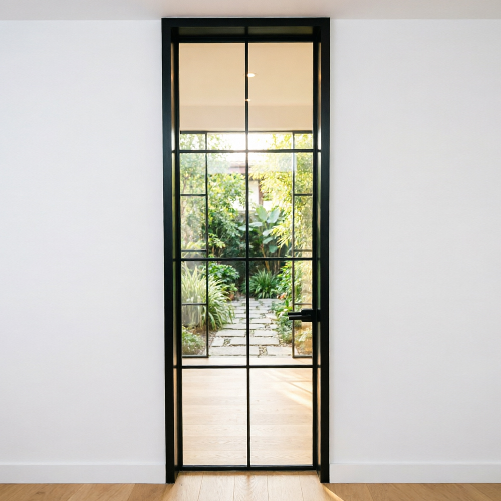 Luxury Slim Frame Aluminum Tempered Steel Swing Door Cool Black Minimalist Design Sound Insulation Customizable Size Exterior