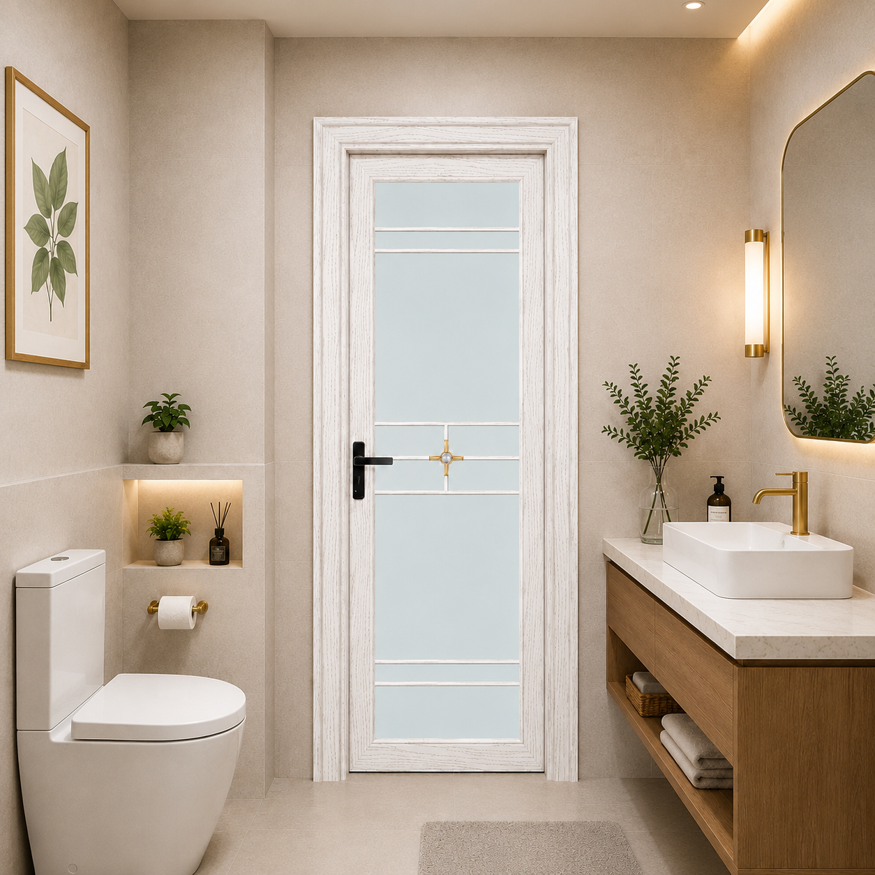 Moisture Resistant Aluminum Bathroom Door With Frosted Glass for Hospitality Construction