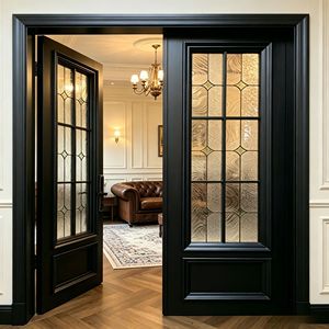 Aomeja Luxury French Vintage Aluminum Double Entry Door Interior Modern Black Frame Decorative Stained Glass Exterior Dining