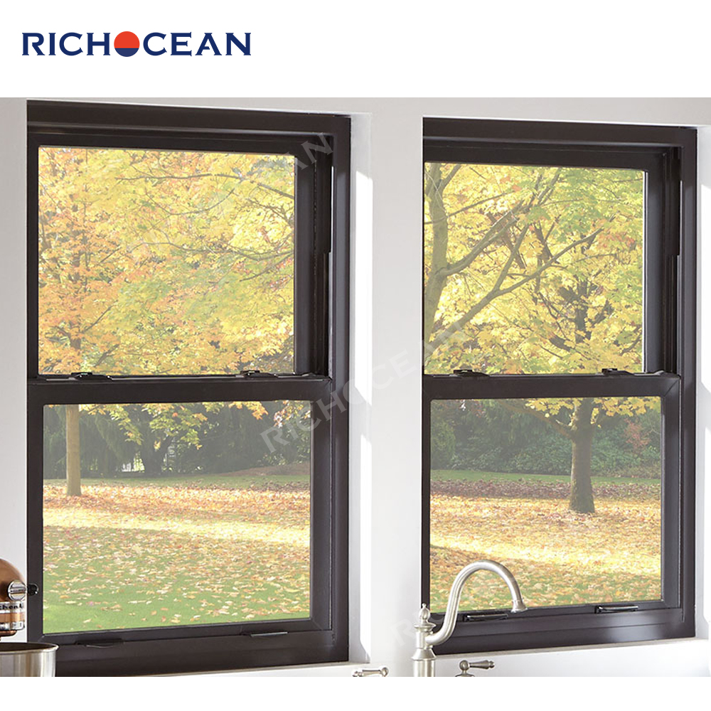 RICHOCEAN Factory Custom Black Aluminum Double Hung Windows Double Pane Insulated Tempered Glass Window