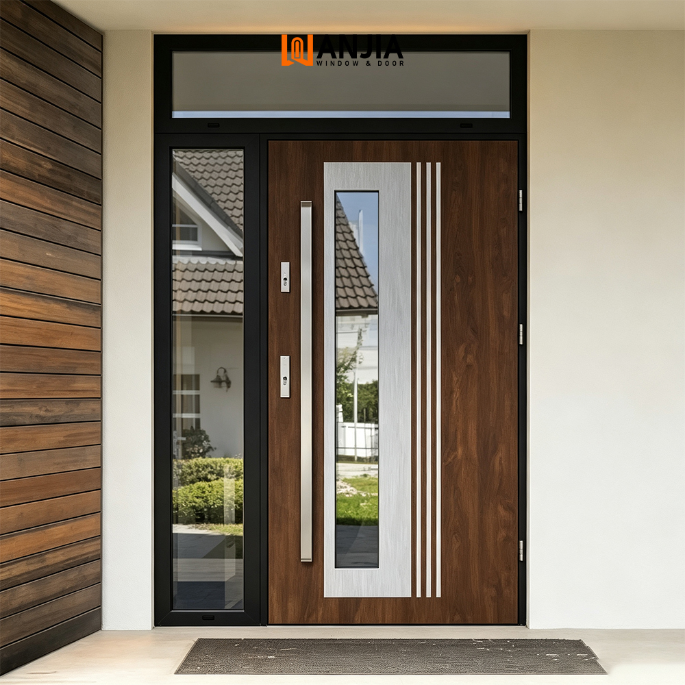 Modern Farmhouse Design Oak Wood Grain Finish Aluminium Doors With Transom Custom Front Entry Doors Exterior Security Doors